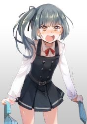 Rule 34 | &gt;:o, 10s, 1girl, :o, blue bra, blue panties, blush, bow, bow panties, bowtie, bra, brown eyes, commentary request, crying, crying with eyes open, dress, gradient background, grey background, grey hair, holding, holding bra, holding clothes, holding panties, holding underwear, kantai collection, kasumi (kancolle), kasumi kai ni (kancolle), long hair, long sleeves, nose blush, onbin ha, panties, pinafore dress, side ponytail, sleeveless, sleeveless dress, solo, striped bra, striped clothes, striped panties, tears, underwear, unworn bra, unworn panties, v-shaped eyebrows, white background