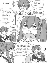 Rule 34 | 1boy, 2girls, :t, apron, blush, bowl, cereal, closed eyes, collarbone, collared shirt, comic, drooling, eating, english text, girls&#039; frontline, greyscale, guin guin, hair between eyes, hair ribbon, holding, holding spoon, holding stuffed toy, long hair, monochrome, mouth drool, multiple girls, notice lines, one side up, original, outstretched arms, ponytail, profile, ribbon, scar, scar across eye, scar on face, shirt, short sleeves, sidelocks, sleeping, spoon, stuffed animal, stuffed penguin, stuffed toy, trembling, ump45 (girls&#039; frontline), zzz