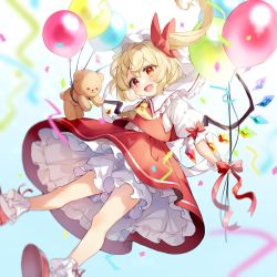 Rule 34 | ascot, balloon, blonde hair, bloomers, blush, collared shirt, commentary, crystal, fang, flandre scarlet, hair ribbon, happy, hat, highres, medium hair, mob cap, open mouth, paragasu (parags112), puffy short sleeves, puffy sleeves, red eyes, red footwear, red ribbon, red skirt, red vest, ribbon, shirt, shoe soles, short sleeves, side ponytail, skirt, stuffed animal, stuffed toy, symbol-only commentary, teddy bear, touhou, underwear, vest, white bloomers, white shirt, wings, yellow ascot
