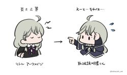 Rule 34 | 1girl, ahoge, arm at side, arm up, arrow (symbol), assault lily, black cardigan, black ribbon, cardigan, chibi, closed eyes, collared shirt, commentary request, cropped jacket, cropped torso, flying sweatdrops, grey hair, hand on own head, hand on own hip, hand up, highres, index finger raised, kabayaki (kabayaki eel), kanabako misora, layered sleeves, lightning bolt symbol, long hair, long sleeves, looking ahead, low twintails, multiple views, neck ribbon, no mouth, purple ribbon, ribbon, school uniform, shirt, short sleeves, simple background, solid oval eyes, translated, twintails, twitter username, white background, white shirt, yurigaoka girls academy school uniform