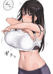 Rule 34 | 1girl, bare arms, bare shoulders, black bra, black hair, blue eyes, blush, bra, breasts, closed mouth, commentary request, hair ornament, hairclip, inconvenient breasts, kaisen chuui, large breasts, long hair, original, shirt, sidelocks, simple background, sleeveless, solo, stomach, underwear, undressing, white background, white shirt