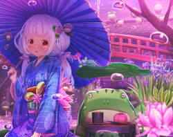 Rule 34 | 1girl, :o, aiuabo, albino, animal, architecture, blue flower, blue kimono, blue umbrella, blush, commentary request, cup, east asian architecture, floral print, flower, frog, hair flower, hair ornament, holding, holding umbrella, japanese clothes, kimono, lantern, lily pad, long hair, looking at viewer, nail polish, obi, oil-paper umbrella, original, outdoors, paper lantern, pink flower, plate, red eyes, red nails, sash, solo, tadpole, tree, twintails, umbrella, water drop, white hair