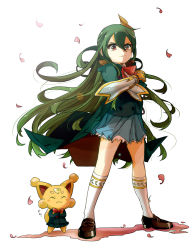 Rule 34 | 1girl, armband, athena (p&amp;d), carbuncle (p&amp;d), coat, crossed arms, gauntlets, green hair, hair ornament, highres, long hair, petals, pikomarie, puzzle &amp; dragons, red eyes, school uniform, very long hair