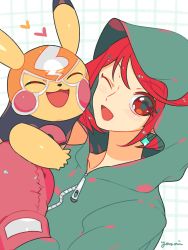 Rule 34 | 1girl, clothed pokemon, cosplay pikachu, creatures (company), earrings, game freak, gen 1 pokemon, gloves, highres, hood, jewelry, looking at viewer, nintendo, open mouth, pikachu, pikachu libre, pokemon, pokemon (creature), pokken tournament, pyra (xenoblade), red eyes, red hair, short hair, simple background, smile, super smash bros., swept bangs, tiara, xenoblade chronicles (series), xenoblade chronicles 2, yasaikakiage