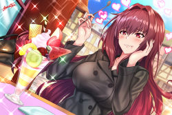 Rule 34 | absurdres, artist name, bag, blue sky, breasts, buttons, coat, day, eating, fate/grand order, fate (series), food, fruit, hand on own face, handbag, heart, heart-shaped pupils, highres, large breasts, long hair, napkin, nez-box, outdoors, parfait, purple hair, red eyes, scathach (fate), scathach (traveling outfit) (fate), sky, sparkle, spoon, symbol-shaped pupils, table, tablecloth, wafer, wavy mouth, window