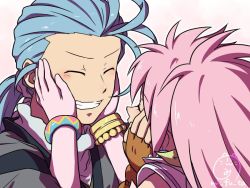 Rule 34 | 1boy, 1girl, arche klein, blue hair, chester burklight, couple, closed eyes, gloves, grin, hand on another&#039;s cheek, hand on another&#039;s face, hetero, long hair, mifuta, pink hair, ponytail, smile, tales of (series), tales of phantasia