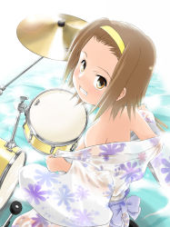 Rule 34 | 00s, 1girl, bare shoulders, bow, brown eyes, brown hair, drum, drum set, drumsticks, from above, grin, hairband, instrument, japanese clothes, k-on!, kimono, kimono pull, looking up, see-through, short hair, smile, solo, tainaka ritsu, undressing, wancho, water, yukata