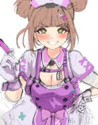 Rule 34 | + +, 1girl, apron, blunt bangs, breasts, brown hair, cleavage, double bun, gloves, goddess of victory: nikke, green eyes, grin, hair bun, hand on own hip, hat, highres, holding, holding syringe, large breasts, novel (detective nurse) (nikke), novel (nikke), nurse, nurse cap, official alternate costume, purple apron, purple gloves, short hair, sidelocks, simple background, sketch, smile, solo, syringe, unfinished, white background, yuu cream