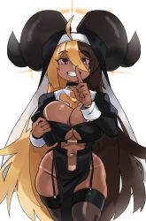 Rule 34 | 1girl, ahoge, aife (zana), alternate hairstyle, backlighting, bikini tan, black choker, black garter straps, black horns, black thighhighs, blonde hair, breasts, brown hair, bursting breasts, choker, cleavage, clothing cutout, commentary, curled horns, dark-skinned female, dark skin, fang, finger to mouth, garter straps, goat horns, grin, gyaru, habit, hair between eyes, hair down, heart, highres, horns, huge breasts, index finger raised, long hair, looking at viewer, multicolored hair, naughty face, navel, navel cutout, no panties, nun, original, pelvic curtain, purple eyes, shushing, side slit, smile, solo, split-color hair, sun tattoo, symbol-only commentary, tan, tanline, thighhighs, thighs, two-tone hair, underboob, underboob cutout, very long hair, walking, white background, zanamaoria