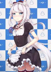 Rule 34 | 1girl, :t, absurdres, animal ears, apron, azur lane, bad id, bad pixiv id, black dress, blue eyes, blush, bow, bright pupils, cat ears, checkered background, closed mouth, clothes lift, cowboy shot, dress, dress lift, flat chest, frilled apron, frilled sleeves, frills, hair bow, hammann (azur lane), highres, kureha (angelite), lifting own clothes, long hair, looking at viewer, neck ribbon, nose blush, pout, puffy short sleeves, puffy sleeves, red thighhighs, ribbon, short sleeves, sidelocks, silver hair, solo, standing, striped, striped bow, thigh gap, thighhighs, v-shaped eyebrows, waist apron, white apron, wrist cuffs