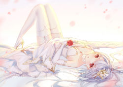 Rule 34 | 1girl, :o, bare shoulders, bison cangshu, breasts, cleavage, collarbone, dress, elbow gloves, flower, full body, garter straps, gloves, grey hair, hair flower, hair ornament, heart, high heels, highres, holding, holding flower, jewelry, knees together feet apart, long hair, looking at viewer, lying, on back, original, pendant, red eyes, red flower, red rose, rose, shoes, simple background, small breasts, solo, thighhighs, wedding dress, white background, white dress, white footwear, white gloves, white thighhighs