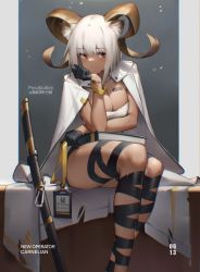 Rule 34 | 1girl, absurdres, animal ear fluff, animal ears, arknights, barcode, barcode tattoo, bare arms, bare legs, bilibili xiaolu, black gloves, black ribbon, book, carnelian (arknights), character name, chinese commentary, commentary request, corrupted metadata, dark-skinned female, dark skin, feet out of frame, gloves, hand up, head rest, highres, horns, jacket, jacket on shoulders, leg ribbon, looking at viewer, red eyes, ribbon, scabbard, sheath, short hair, silver hair, sitting, smile, solo, strapless, tattoo, thighs, white jacket