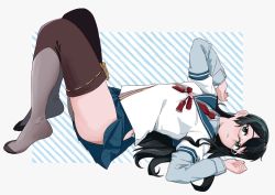 Rule 34 | 10s, 1girl, bad id, bad twitter id, black hair, full body, glasses, green eyes, hair ribbon, hip vent, kantai collection, lace, lace-trimmed legwear, lace trim, long hair, lying, ojipon, on back, ooyodo (kancolle), pleated skirt, ribbon, sailor collar, school uniform, serafuku, sitting, skirt, solo, thighhighs, tress ribbon