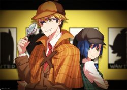 Rule 34 | 10s, 1boy, 1girl, back-to-back, bad id, bad twitter id, blonde hair, blue hair, bob cut, cabbie hat, capelet, coat, commentary, cosplay, darling in the franxx, glasses, gorou (darling in the franxx), green eyes, grin, hat, ichigo (darling in the franxx), magnifying glass, necktie, plaid, poster (medium), poster (object), rochika (ya y a ya), sherlock holmes, sherlock holmes (cosplay), shirt, short hair, smile, trench coat, vest, wanted, white shirt