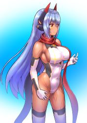 Rule 34 | 1girl, alternate color, android, bare shoulders, breasts, covered navel, dark-skinned female, dark skin, elbow gloves, fukadumeasadume, gloves, hair between eyes, headgear, highleg, highleg leotard, highres, joints, large breasts, leotard, long hair, nintendo, palette swap, poppi (xenoblade), poppi qtpi (xenoblade), purple hair, red scarf, robot ears, robot joints, scarf, sidelocks, skin tight, smile, solo, swimsuit, thighhighs, xenoblade chronicles (series), xenoblade chronicles 2, yellow eyes