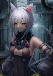 Rule 34 | 1girl, 3 (sanyako1), alley, animal ears, arknights, black shirt, breasts, gloves, hair between eyes, highres, looking at viewer, mask, mask around neck, mouse ears, mouse girl, mouse tail, outdoors, purple hair, respirator, scavenger (arknights), shirt, short hair, sideboob, small breasts, solo, tail, upper body, yellow gloves