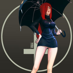 Rule 34 | 1girl, breasts, covered erect nipples, cowboy shot, cross, cross necklace, grey background, hair over one eye, hand on own hip, highres, holding, holding umbrella, jewelry, large breasts, logo, long hair, necklace, panties, parasoul (skullgirls), parted lips, red hair, red lips, skirt, skullgirls, solo, sweater, turtleneck, turtleneck sweater, umbrella, underwear, yellow eyes, yukimpoi