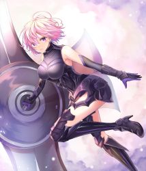 Rule 34 | 1girl, absurdres, armored boots, armored leotard, black theme, black thighhighs, boots, breasts, breasts apart, cloud, csc00014, elbow gloves, fate/grand order, fate (series), floating hair, gloves, high heels, highres, holding, holding shield, large breasts, leg up, leotard, looking at viewer, mash kyrielight, outstretched arms, pink hair, purple eyes, shield, short hair, solo, standing, standing on one leg, thighhighs