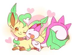 Rule 34 | alternate color, animal focus, blush, brown eyes, closed eyes, closed mouth, creatures (company), game freak, gen 4 pokemon, heart, kiss, leafeon, lying, nintendo, pachirisu, pokemon, pokemon (creature), shiny pokemon, smile, spikes, squirrel, wataame 133