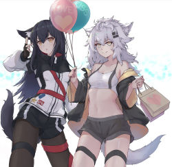 Rule 34 | 2girls, :o, absurdres, animal ear fluff, animal ears, arknights, bag, balloon, bare shoulders, black capelet, black gloves, black hair, black jacket, black legwear, black shorts, breasts, camisole, capelet, cleavage, collarbone, commentary request, cowboy shot, crop top, fang, fang out, fingerless gloves, gloves, hair between eyes, hair ornament, hairclip, head tilt, heart, highres, holding, holding bag, holding balloon, jacket, lappland (arknights), long hair, long sleeves, looking at viewer, medium breasts, messy hair, midriff, multiple girls, navel, off shoulder, open clothes, open jacket, pantyhose, parted lips, puffy sleeves, short shorts, shorts, silver hair, simple background, skin fang, skindentation, skying, smile, spaghetti strap, standing, stomach, tail, texas (arknights), thigh strap, thighs, white background, white jacket, wide sleeves, wolf ears, wolf tail, yellow eyes