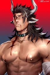 Rule 34 | 1boy, abs, animal ears, arknights, bara, blood, blood from mouth, blood on face, brown eyes, brown hair, collar, cow boy, cow ears, cow horns, cuts, highres, horns, injury, large pectorals, male focus, matterhorn (arknights), medium hair, muscular, muscular male, nipples, nude, pectoral focus, pectorals, powerlesssong, solo, upper body