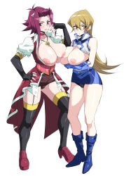Rule 34 | 2girls, asymmetrical docking, black gloves, black shirt, blonde hair, blue skirt, breast press, breasts, breasts out, choker, cleavage, collar, elbow gloves, fingerless gloves, frilled sleeves, frills, garter belt, gloves, highres, huge breasts, izayoi aki, jewelry, large breasts, lingerie, long hair, looking at viewer, multiple girls, necklace, nipples, no bra, open mouth, panties, pobotto, puffy sleeves, shirt, sidelocks, simple background, skirt, sleeveless, sleeveless shirt, standing, strap, tenjouin asuka, thighhighs, thighs, undershirt, underwear, white background, yu-gi-oh!, yu-gi-oh! 5d&#039;s, yu-gi-oh! gx