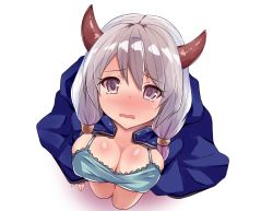 Rule 34 | 10s, 1girl, bad id, bad pixiv id, blush, breasts, byakuya mika, camisole, cape, cleavage, draph, from above, granblue fantasy, horns, kumuyu, large breasts, looking at viewer, low twintails, purple eyes, silver hair, solo, tears, twintails, wavy mouth
