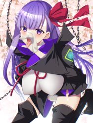 Rule 34 | 1girl, bb (fate), bb (fate/extra), between legs, black coat, black skirt, blush, breasts, chain, coat, fate/extra, fate/extra ccc, fate (series), fellatio gesture, gloves, hair ribbon, hand between legs, high-waist skirt, highres, kneeling, large breasts, leotard, long hair, long sleeves, looking at viewer, neck ribbon, open clothes, open coat, open mouth, popped collar, purple eyes, purple hair, red ribbon, ribbon, skirt, solo, tajima yoshikazu, thighs, tongue, tongue out, very long hair, white gloves, white leotard, wide sleeves