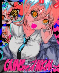 Rule 34 | 1girl, absurdres, black necktie, blue jacket, chainsaw man, collared shirt, copyright name, cross-shaped pupils, detached eyes, fang, hair between eyes, highres, horns, jacket, jacket partially removed, long hair, looking at viewer, momae makku, necktie, open mouth, orange eyes, pink hair, power (chainsaw man), red horns, ringed eyes, shirt, solo, symbol-shaped pupils, white shirt, yellow eyes