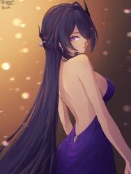 Rule 34 | 1girl, acheron (honkai: star rail), ahoge, backless dress, backless outfit, bare back, bare shoulders, closed mouth, collaboration, commentary, cowboy shot, diamond-shaped pupils, diamond (shape), dress, earrings, english commentary, from behind, hair intakes, hair ornament, hair over one eye, highres, honkai: star rail, honkai (series), jewelry, long hair, looking at viewer, multicolored hair, purple dress, purple eyes, purple hair, raven sng, samlatte, signature, solo, standing, strapless, strapless dress, streaked hair, symbol-shaped pupils, very long hair