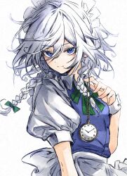 Rule 34 | 1girl, apron, blue dress, blue eyes, braid, clock, closed mouth, collared shirt, deal360acv, dress, grey hair, highres, holding, izayoi sakuya, looking at viewer, maid, maid apron, maid headdress, puffy short sleeves, puffy sleeves, shirt, short hair, short sleeves, simple background, smile, solo, touhou, twin braids, upper body, waist apron, white apron, white background, white shirt, wrist cuffs