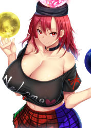 Rule 34 | 1girl, bare shoulders, black collar, black headwear, black shirt, breasts, cleavage, closed mouth, clothes writing, collar, collarbone, covered erect nipples, dress, ebi 193, hair between eyes, hecatia lapislazuli, huge breasts, light smile, long hair, looking at viewer, midriff, miniskirt, multicolored clothes, multicolored skirt, navel, off-shoulder dress, off shoulder, red eyes, red hair, shirt, short sleeves, skirt, smile, solo, t-shirt, touhou