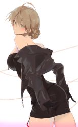 Rule 34 | 1girl, ahoge, bad id, bad twitter id, bare shoulders, black dress, black gloves, black jacket, blush, brown hair, dress, gloves, green eyes, hands on own ass, highres, idolmaster, idolmaster million live!, jacket, jacket partially removed, looking at viewer, looking back, off-shoulder dress, off shoulder, sakuramori kaori, sideways glance, simple background, solo, takashi (cry 191)