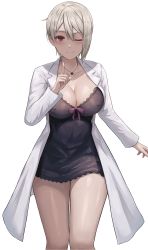 Rule 34 | 1girl, ;), absurdres, black dress, blush, breasts, cleavage, closed mouth, collarbone, dress, feet out of frame, heart, heart necklace, highres, index finger raised, jasony, lab coat, large breasts, long sleeves, looking at viewer, nakiri alice, necklace, one eye closed, open clothes, purple ribbon, red eyes, ribbon, shokugeki no souma, short dress, short hair, silver hair, simple background, smile, solo, standing, thighs, white background