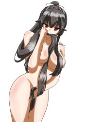 Rule 34 | absurdres, artist name, biting hair, black hair, completely nude, covered erect nipples, covering crotch, covering privates, ente prise, highres, holding, holding own hair, kantai collection, long hair, nude, red eyes, ribbon, white ribbon, yahagi (kancolle)