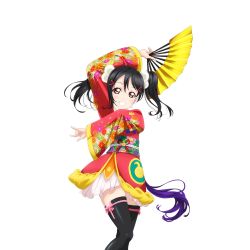 Rule 34 | 10s, 1girl, arm up, black hair, black thighhighs, floral print, folding fan, frilled skirt, frills, grin, hair bobbles, hair ornament, hair ribbon, hand fan, holding, holding fan, japanese clothes, kimono, long hair, love live!, love live! school idol festival, love live! school idol project, m/, non-web source, official art, pink ribbon, pom pom (clothes), red eyes, red kimono, ribbon, short kimono, short yukata, skirt, smile, solo, thighhighs, transparent background, twintails, white skirt, wide sleeves, yazawa nico, yukata