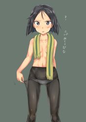 Rule 34 | 1girl, ?, aohashi ame, arm behind back, bandaid, black eyes, black hair, blush, brave witches, breasts, check translation, closed mouth, commentary request, fringe trim, frown, gluteal fold, grey background, highres, kanno naoe, legs, looking at viewer, navel, open mouth, panties, panties under pantyhose, pantyhose, pantyhose tug, ribs, scar, scar on face, scarf, short hair, simple background, small breasts, solo, standing, sweatdrop, swept bangs, topless, translation request, underwear, world witches series, yellow scarf