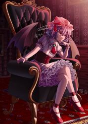 Rule 34 | 1girl, absurdres, ascot, bat wings, bow, chair, closed mouth, commentary, dress, emoriza, frilled dress, frills, full body, hat, hat bow, high heels, highres, indoors, mob cap, purple hair, red ascot, red bow, red eyes, red footwear, remilia scarlet, short hair, signature, sitting, smile, solo, touhou, twitter username, white dress, white hat, wings, wrist cuffs