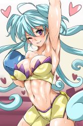 Rule 34 | 1girl, abs, arm up, armpits, bike shorts, blue hair, boxing gloves, breasts, bustier, cagliostro (symphogear), cameltoe, cleavage, covered erect nipples, grin, hair between eyes, heart, highres, large breasts, long hair, looking at viewer, nonoririn, one eye closed, purple eyes, senki zesshou symphogear, shorts, side slit, side slit shorts, smile, solo, sweat, very long hair, yellow shorts