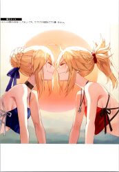 Rule 34 | 2girls, absurdres, ahoge, artoria pendragon (all), artoria pendragon (fate), bare shoulders, blonde hair, bow, bowtie, braid, breasts, choker, closed mouth, face-to-face, fate/apocrypha, fate/grand order, fate (series), french braid, green eyes, hair bow, hair ornament, hair scrunchie, highres, jewelry, mordred (fate), mordred (fate/apocrypha), mother and daughter, multiple girls, necklace, ponytail, saber (fate), scan, scrunchie, sidelocks, simple background, small breasts, smile, tonee