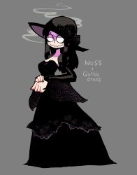 Rule 34 | 1girl, absurdres, alternate costume, bags under eyes, black dress, black flower, black hair, black hat, black rose, breasts, character name, cleavage, closed mouth, detached sleeves, dress, english text, flower, full body, grey background, hat, hat flower, highres, long dress, long hair, long sleeves, looking at viewer, medium breasts, multicolored hair, noss (rariatto), original, own hands together, rariatto (ganguri), rose, sanpaku, simple background, smile, solo, strapless, strapless dress, streaked hair, wavy mouth, white hair