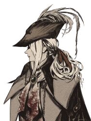 Rule 34 | 1girl, ascot, blood, blood on clothes, blood stain, bloodborne, coat, covered eyes, fune (nkjrs12), gem, green gemstone, hair ribbon, hat, hat feather, hat ornament, highres, lady maria of the astral clocktower, looking to the side, ponytail, ribbon, shaded face, simple background, solo, tricorne, upper body, white ascot, white background, white hair
