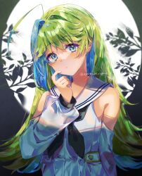 Rule 34 | 1girl, absurdres, ahoge, ayatsuki sugure, backlighting, bare shoulders, black neckerchief, blue eyes, blush, breasts, clothing cutout, dress, expressionless, finger to own chin, full moon, green hair, hair intakes, hand up, highres, leaf, long hair, looking at viewer, moon, neckerchief, original, shoulder cutout, silhouette, small breasts, solo, upper body, very long hair, white dress