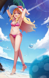 Rule 34 | 10s, 1girl, :d, anklet, armpits, arms up, ball, bare arms, bare legs, barefoot, beachball, bikini, blonde hair, blue sky, blush, bow, breasts, brown eyes, cloud, day, drill hair, eromanga sensei, fang, feet, female focus, full body, hands on headwear, hat, hat bow, highres, jewelry, l.bou, legs, light rays, long hair, looking at viewer, medium breasts, navel, ocean, open mouth, outdoors, pink bikini, plant, side-tie bikini bottom, sky, smile, solo, sparkle, standing, straw hat, sun hat, sunbeam, sunlight, swimsuit, tree, twin drills, walking, water, wet, yamada elf
