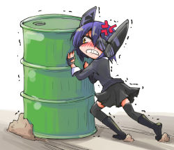 Rule 34 | 10s, 1girl, anger vein, angry, barrel, boots, drum (container), eyepatch, fingerless gloves, gloves, headgear, kantai collection, purple hair, pushing, shinapuu, short hair, skirt, solo, tenryuu (kancolle), yellow eyes
