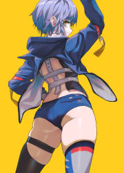 Rule 34 | 1girl, absurdres, arm up, ass, asymmetrical legwear, backless jacket, black thighhighs, blue jacket, closed mouth, commentary request, denim, denim shorts, from behind, g141, highres, hood, hood down, hooded jacket, jacket, looking at viewer, looking back, mismatched legwear, original, purple hair, short hair, short shorts, shorts, simple background, skindentation, solo, standing, thighhighs, yellow background, yellow eyes