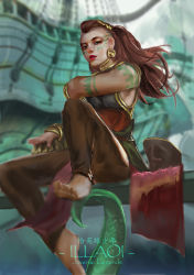 Rule 34 | 1girl, absurdres, barefoot, bracelet, brown hair, character name, dark skin, dark-skinned female, earrings, facial tattoo, graphite (medium), green eyes, highres, illaoi, jewelry, league of legends, lipstick, long hair, makeup, necklace, rocker (fengs1993), sitting, solo, tattoo, teeth, tentacles, traditional media, aged down