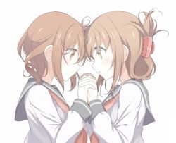 Rule 34 | 10s, 2girls, bad id, bad pixiv id, blush, brown eyes, brown hair, face-to-face, forehead-to-forehead, hair ornament, hairclip, holding hands, heads together, ikazuchi (kancolle), inazuma (kancolle), kantai collection, long sleeves, looking at another, mobu, multiple girls, neckerchief, sailor collar, school uniform, serafuku, short hair, smile, symmetrical pose, white background, yuri