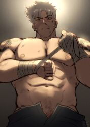 Rule 34 | 1boy, abs, artist name, bandaged arm, bandages, bara, black pants, clenched hands, closed mouth, earrings, grey hair, highres, jewelry, large pectorals, looking at viewer, male focus, male pubic hair, muscular, muscular male, navel, nipples, open pants, original, pants, pectorals, pubic hair, scar, scar on face, short hair, solo, topless male, zink (zink mchn)