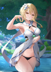 1girl absurdres armpits bare_arms black_panties blonde_hair blush clothes_lift cowboy_shot dress dress_lift ekidona flower genshin_impact hair_between_eyes hair_flower hair_ornament hand_in_own_hair hand_up highres holding lifting_own_clothes looking_at_viewer lumine_(genshin_impact) navel outdoors panties parted_lips raised_eyebrows short_hair_with_long_locks solo standing stomach thighs tree underwear wading water wet white_flower yellow_eyes